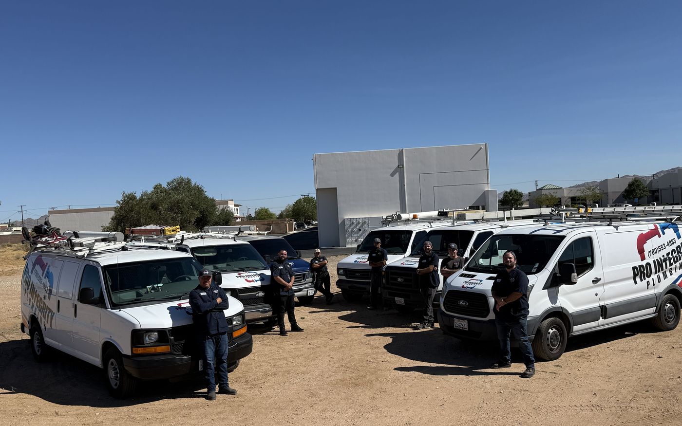 Pro Integrity Plumbing technicians standing with the company's fleet of branded service vans